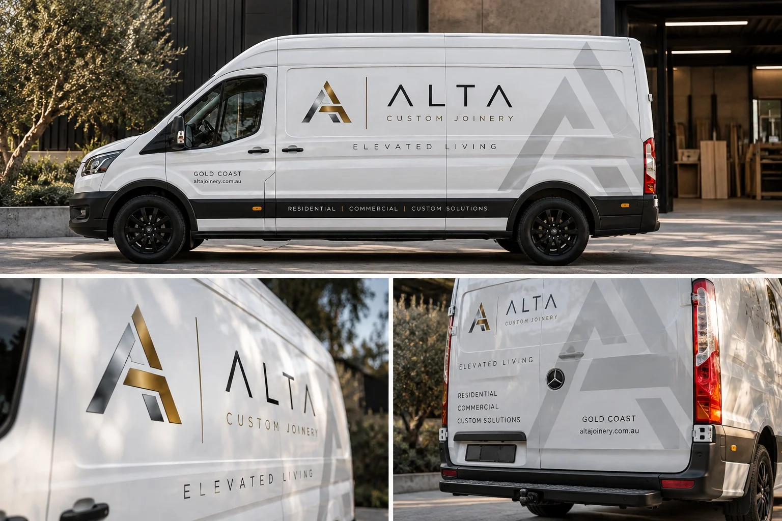 ALTA Custom Joinery branded delivery van — side profile, logo detail and rear branding