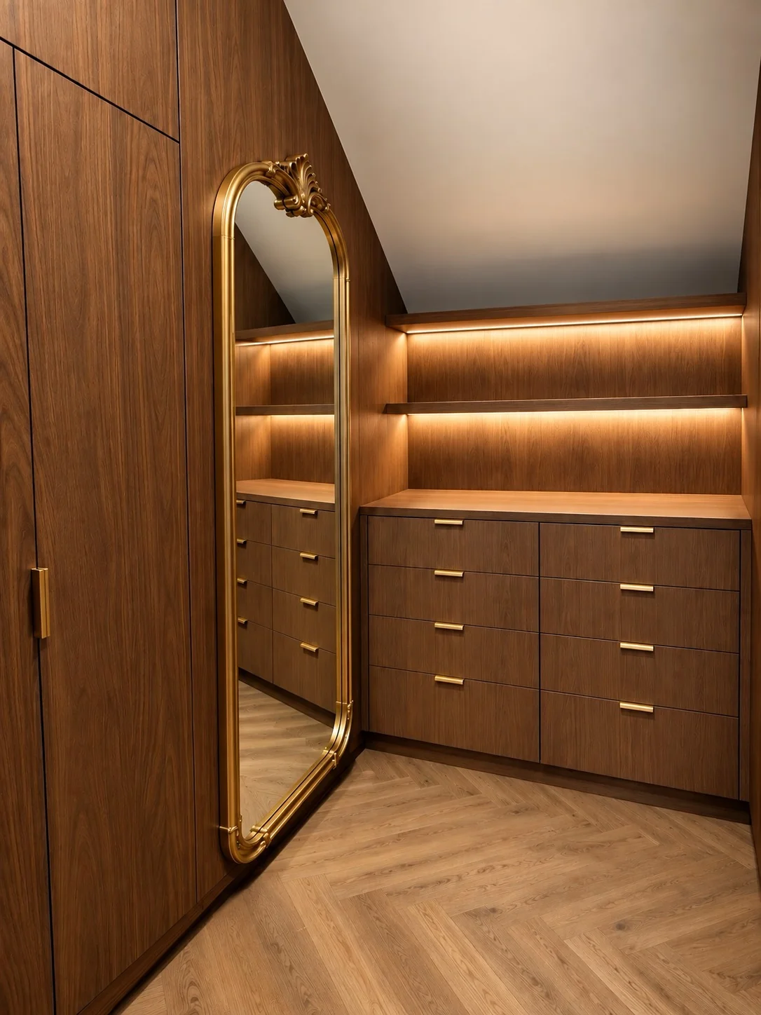 Brass mirror and drawer hardware detail in walnut wardrobe joinery