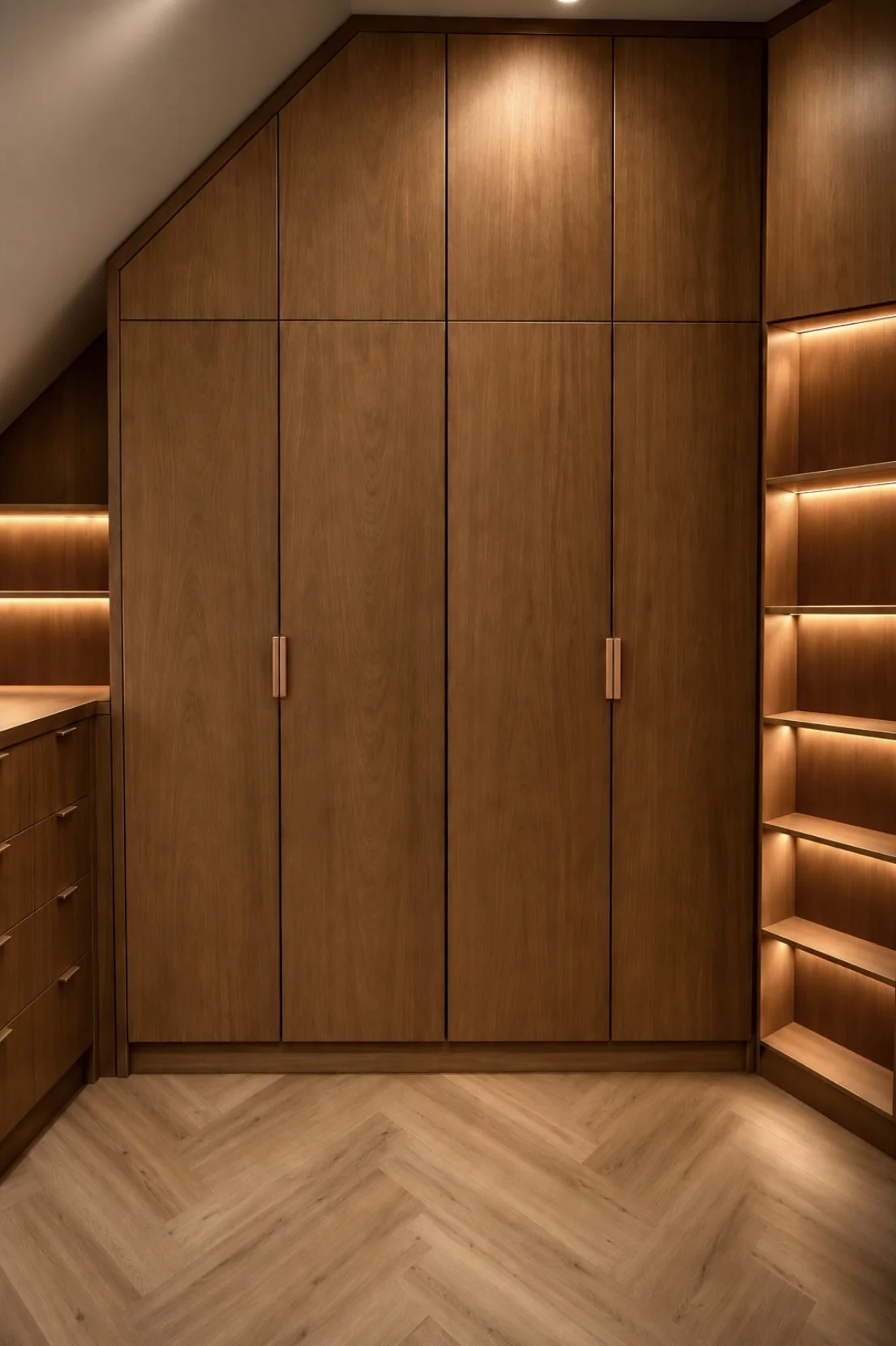 Angled wardrobe joinery with backlit open shelving