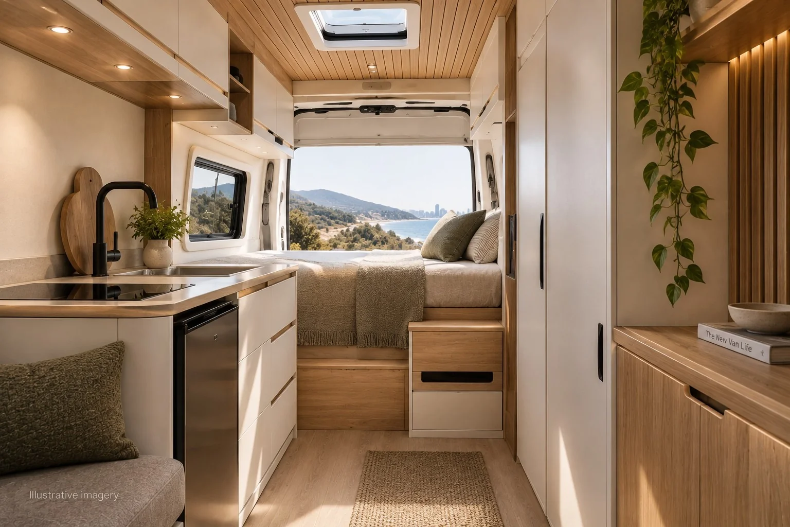 Campervan interior cabinetry, kitchenette and storage joinery