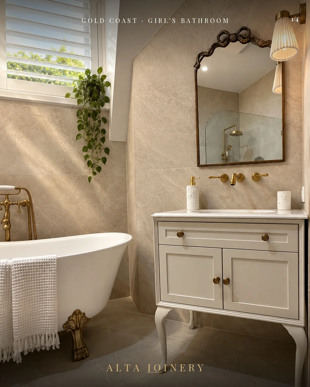 Classic white timber vanity with brass tapware