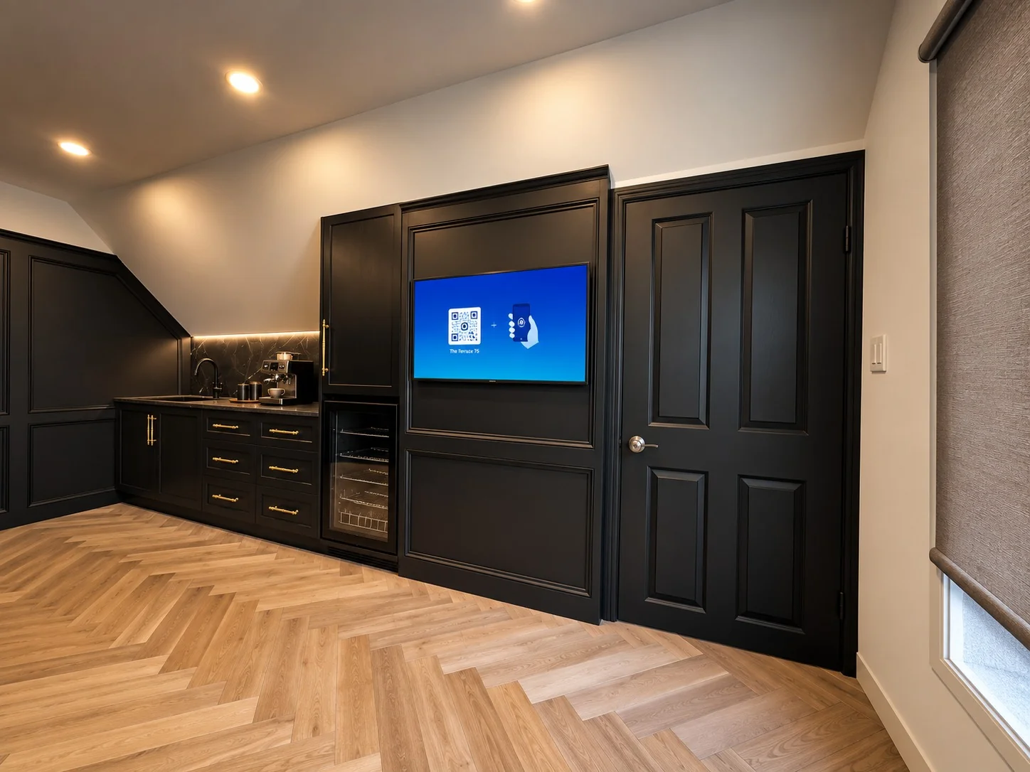Black built-in media cabinetry with integrated TV and bar storage