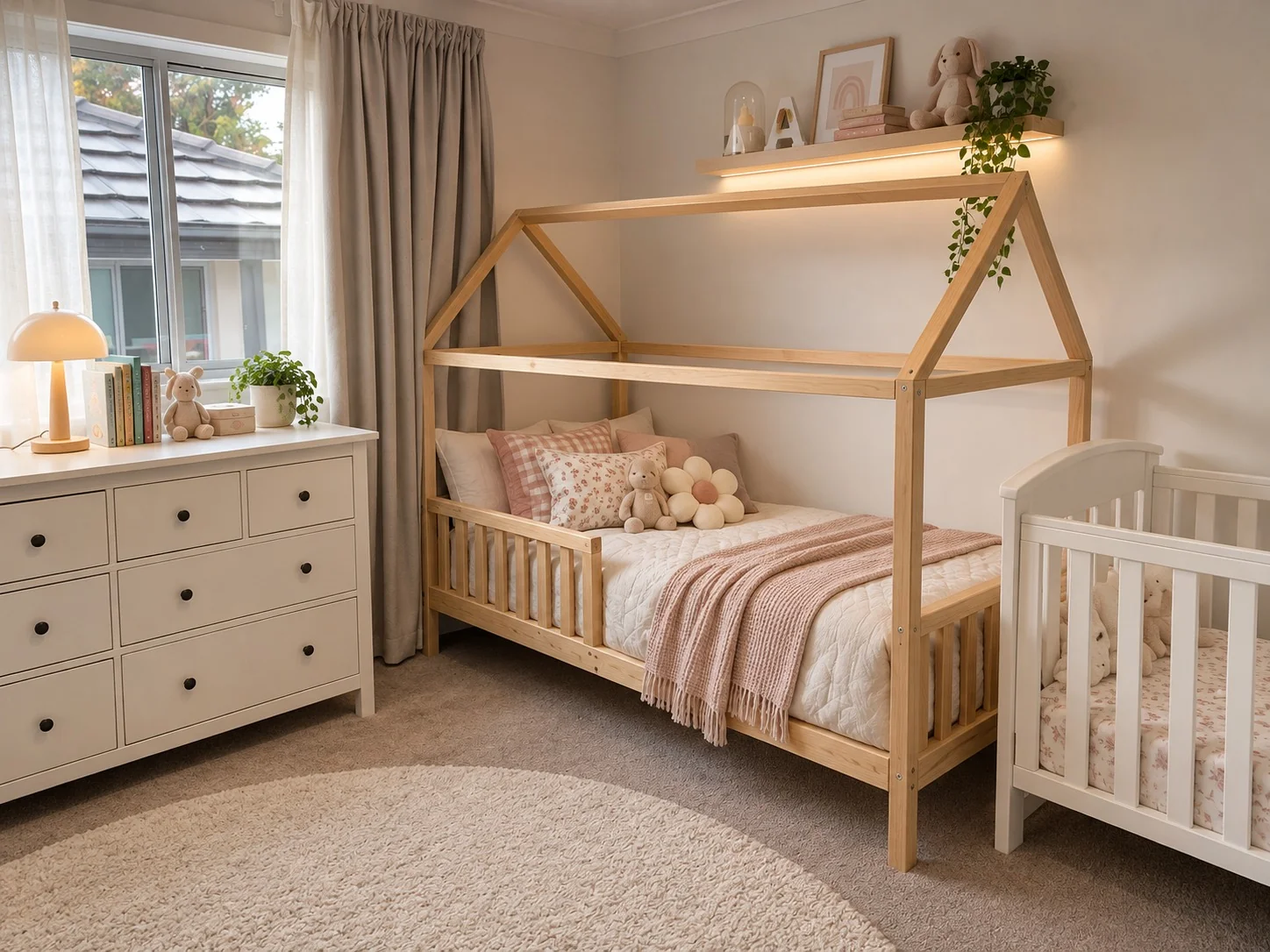 Custom children's bedroom with timber house bed and matching storage