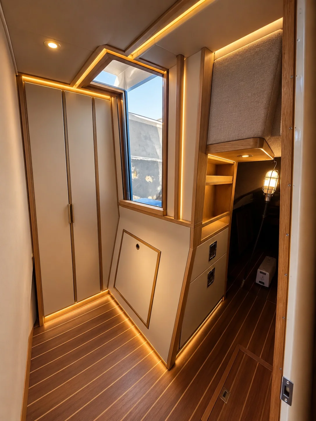 Custom campervan cabinetry with integrated storage and LED lighting