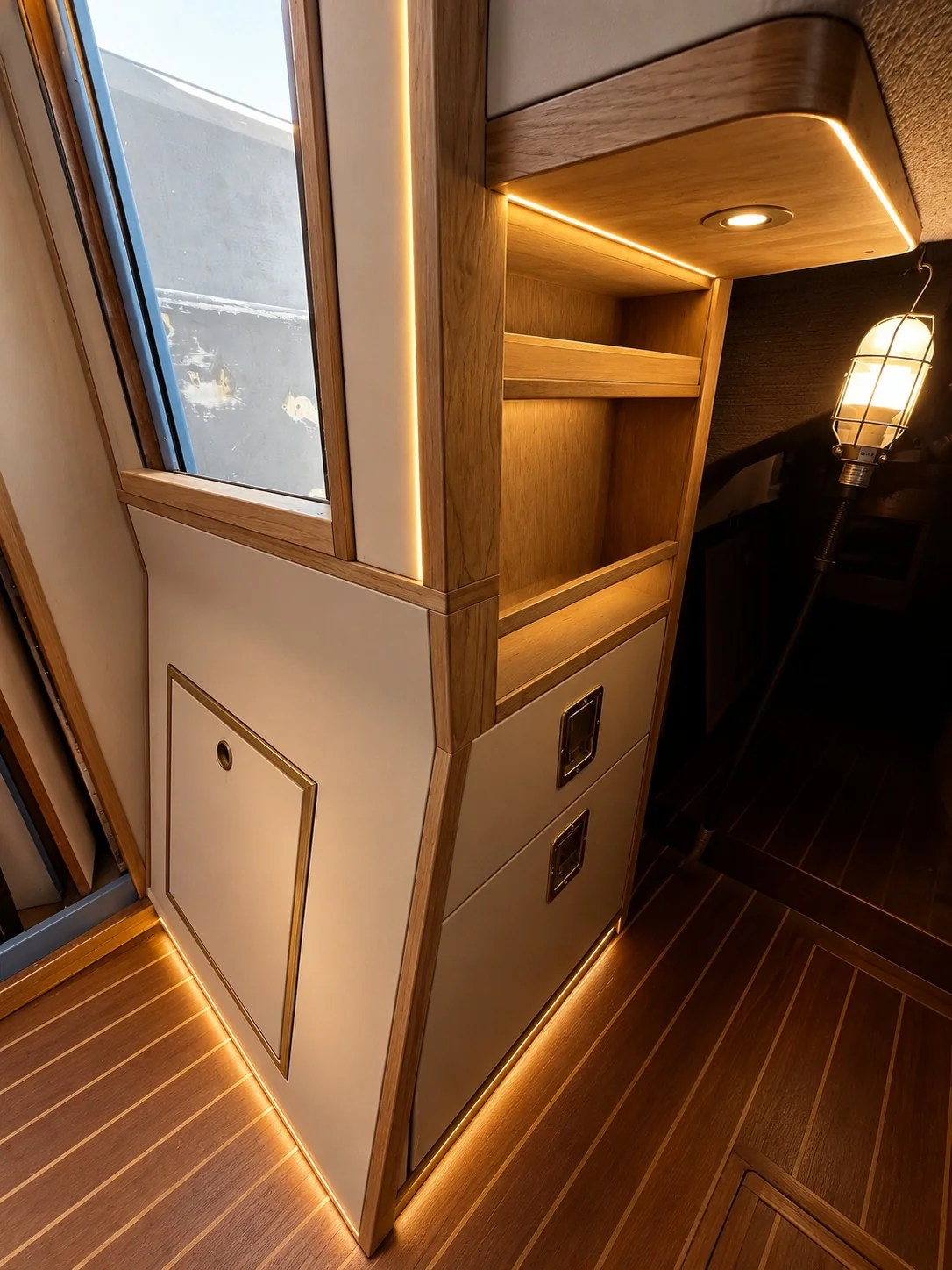 Custom campervan storage cabinetry with illuminated open shelving