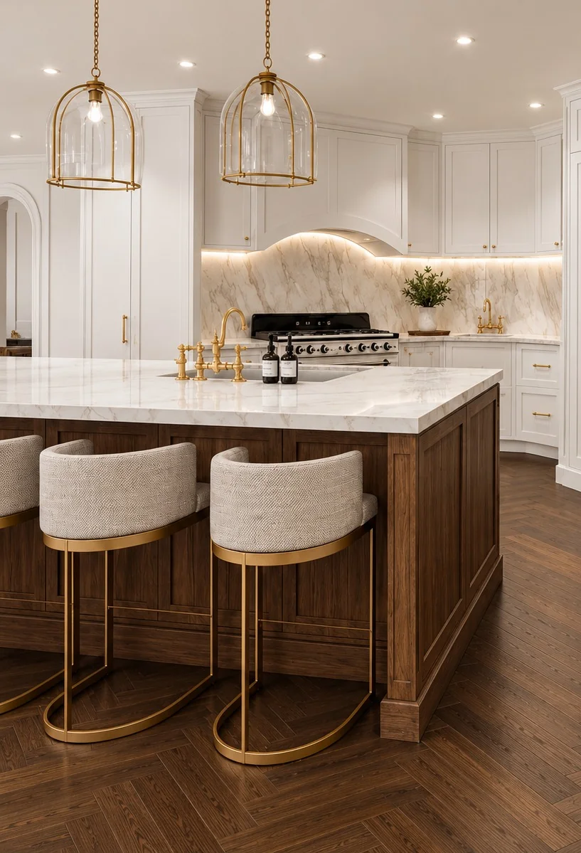 White shaker kitchen with brass pendant lighting and dark timber island