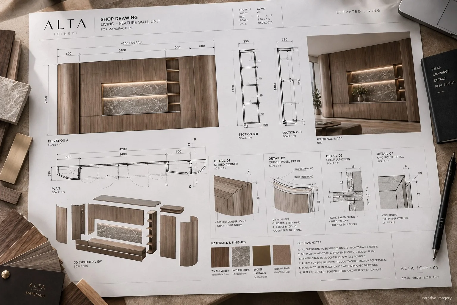 Joinery shop drawing detail — curved panel and bespoke component