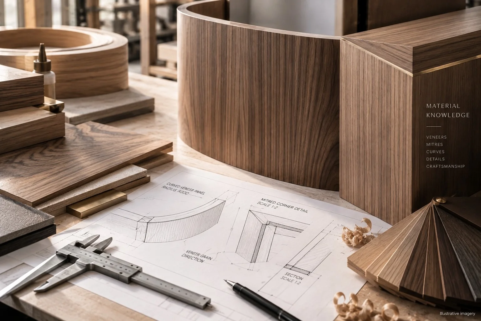 Joinery material knowledge — veneers, mitres and curved details