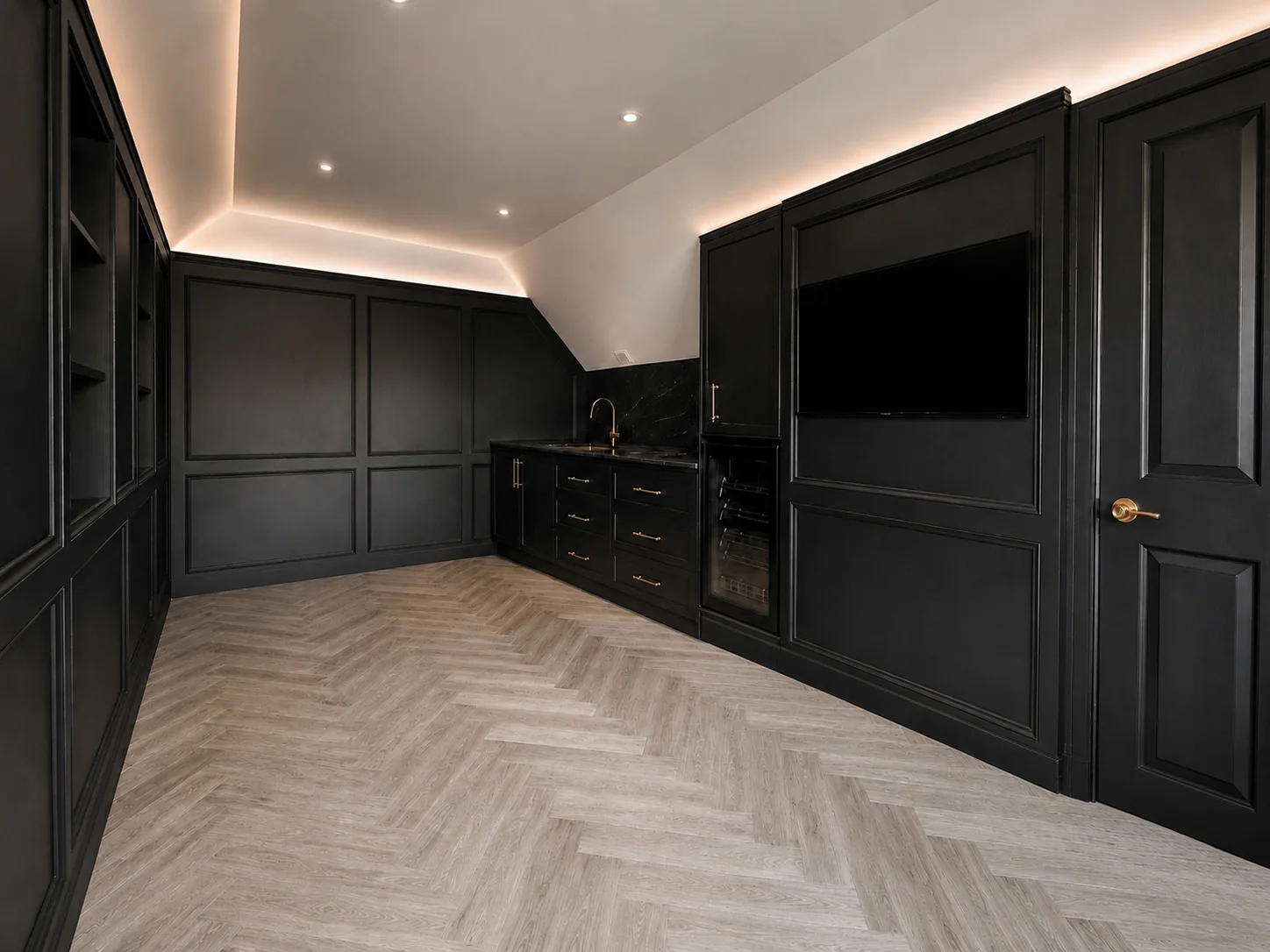 Custom study joinery with dark panelling and built-in shelving
