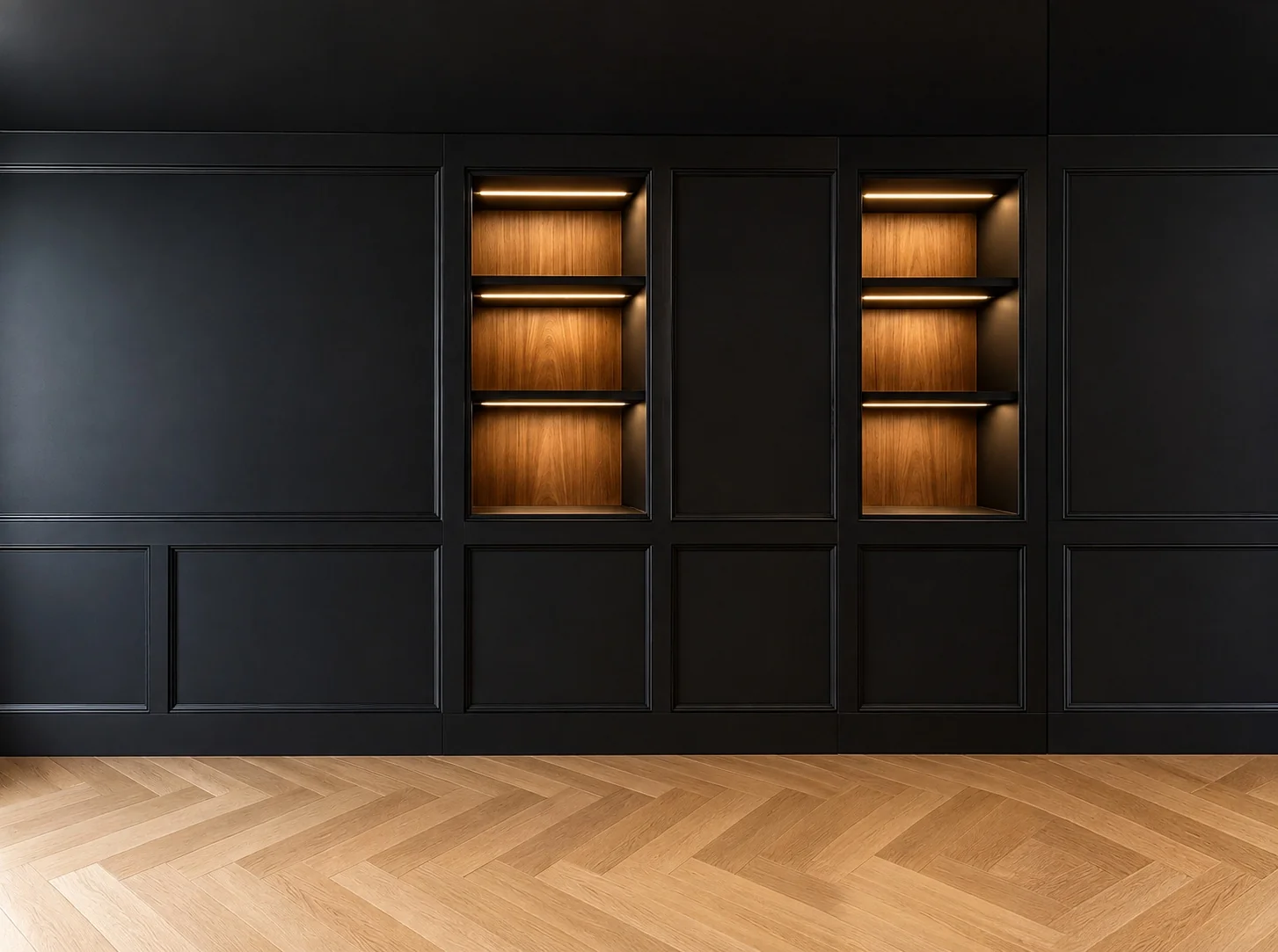 Matte black architectural panelling with illuminated timber niches