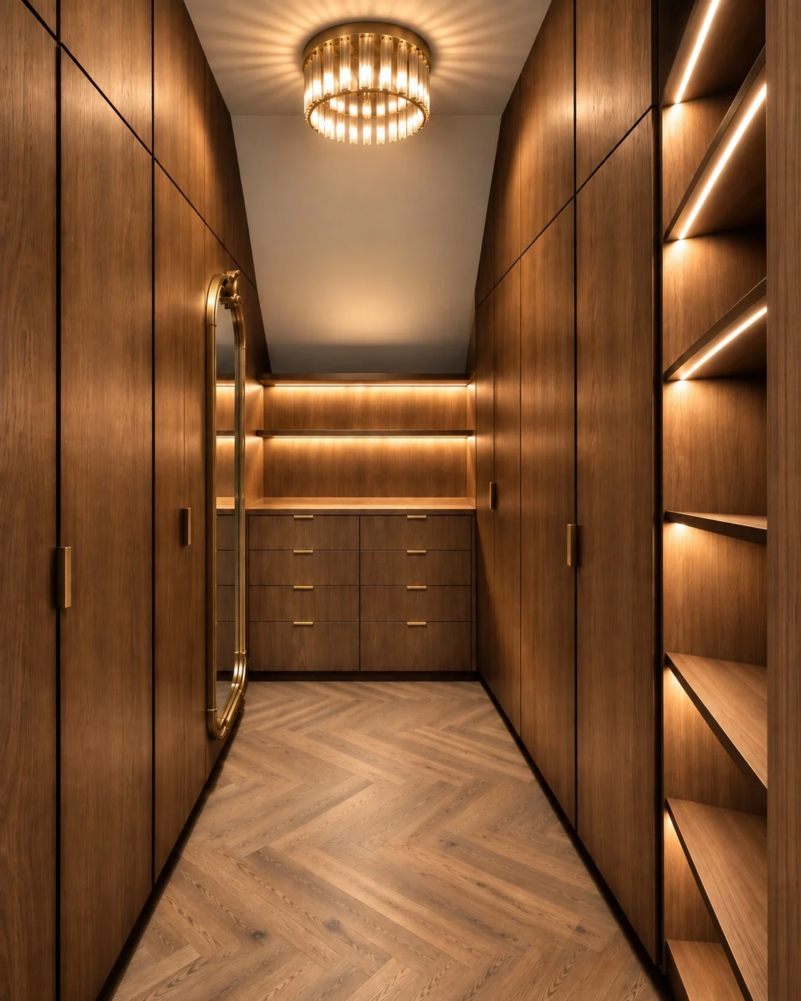 Custom walk-in wardrobe joinery with herringbone flooring