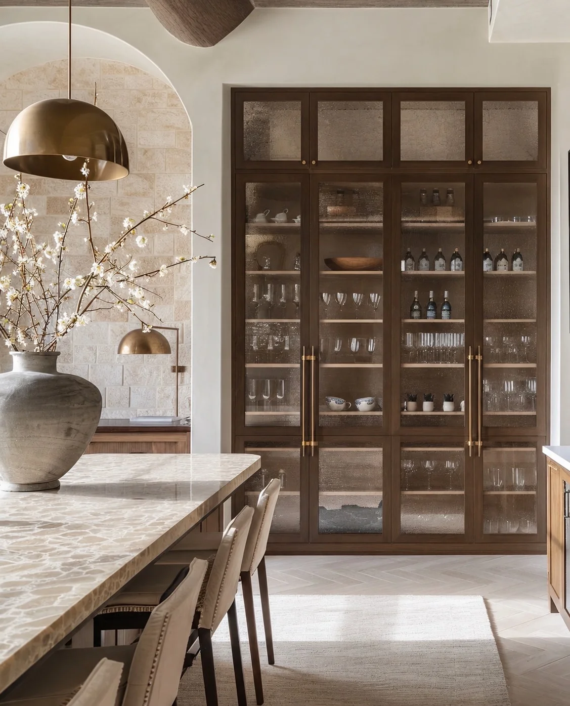 Glass-fronted display cabinetry with brass hardware, Gold Coast