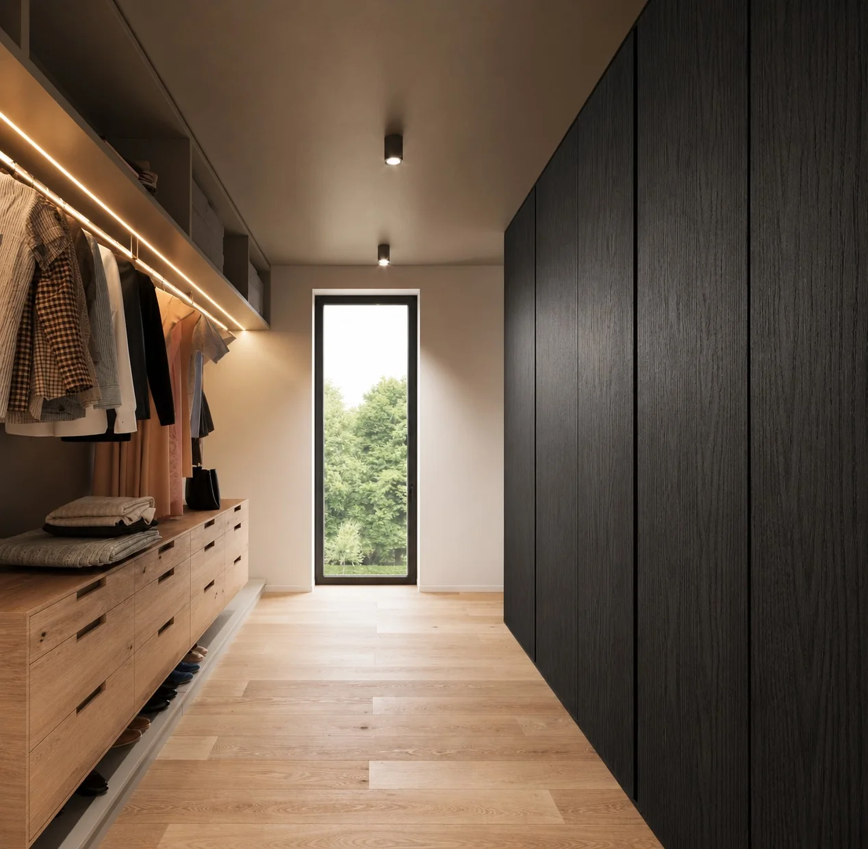 Dark timber wardrobe joinery with backlit shelving, Gold Coast