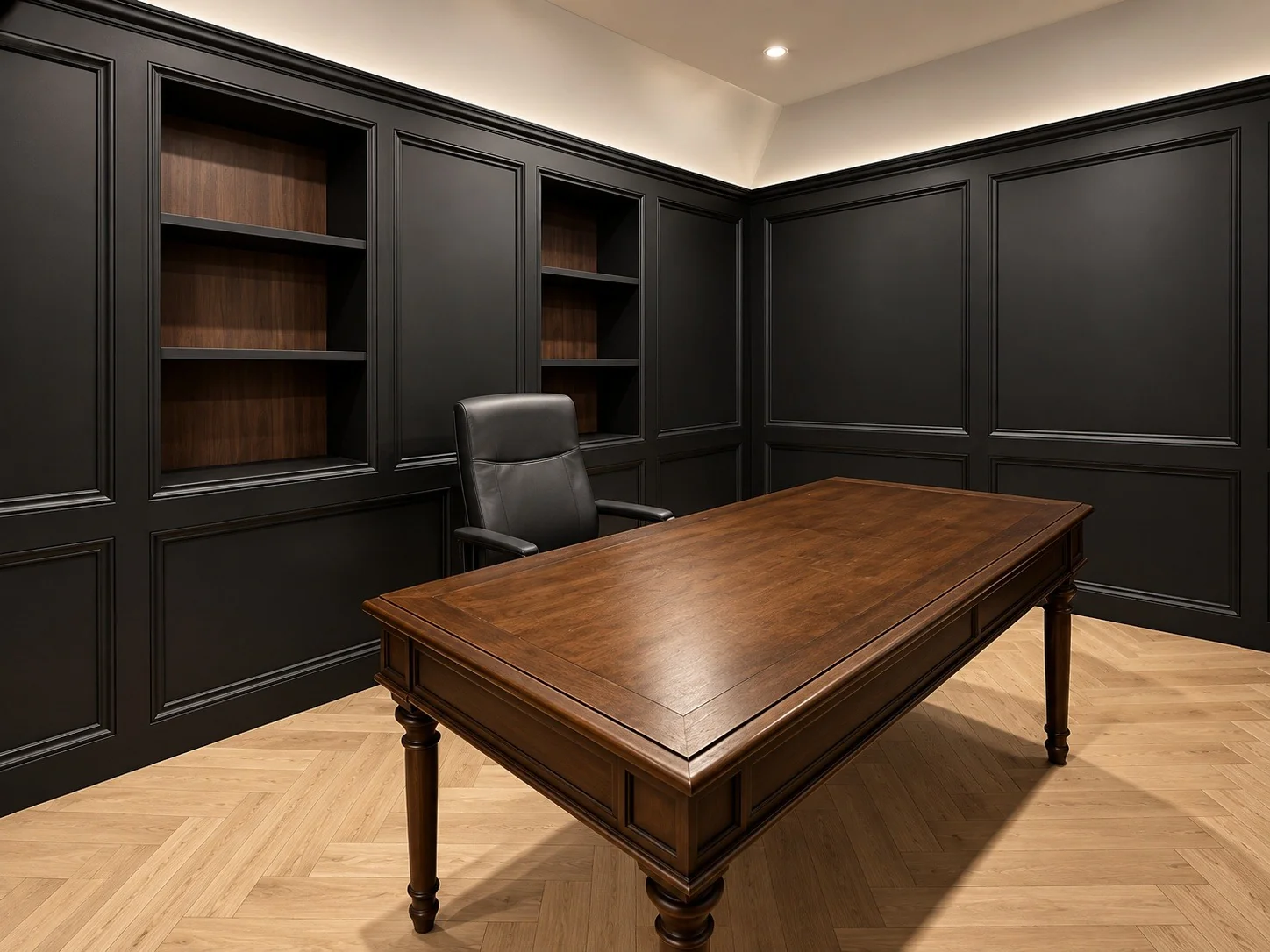 Matte black study panelling with built-in shelving, Gold Coast