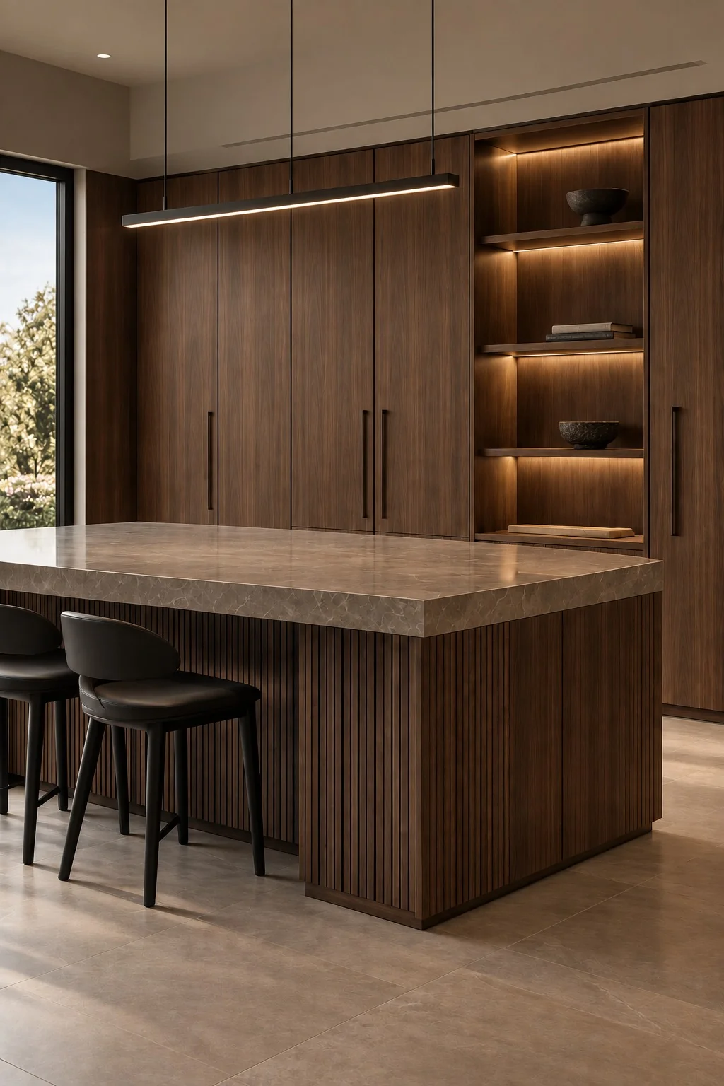 Walnut kitchen island with fluted panelling and backlit display shelving, ALTA Custom Joinery