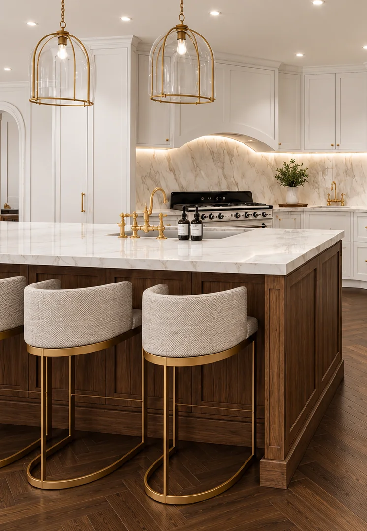 White shaker kitchen with brass pendant lighting and dark timber island