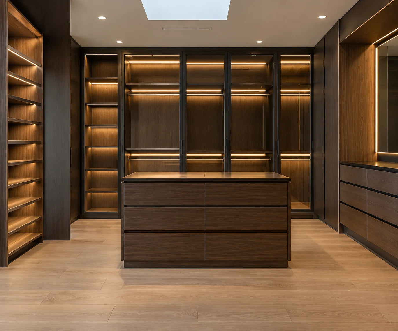 Dark timber walk-in wardrobe with central island and backlit shelving